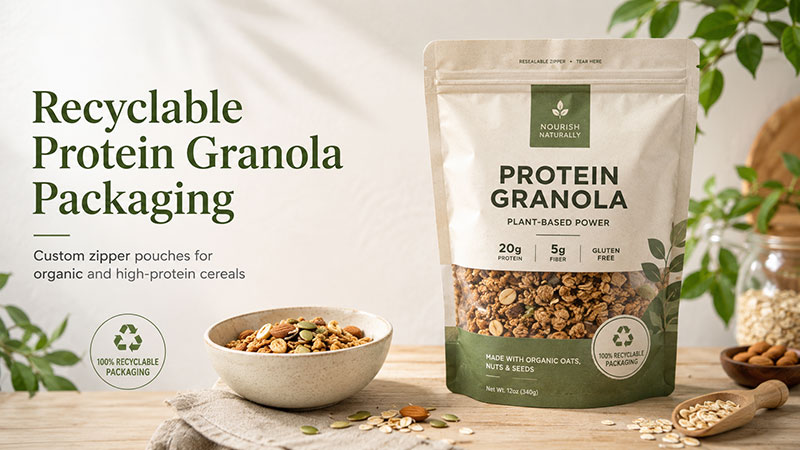 Recyclable protein granola bag with resealable zipper Recyclable protein granola bag with resealable zipper