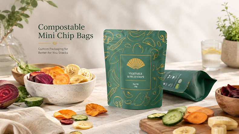Custom compostable mini chip bags for organic snack brands Custom compostable mini chip bags for organic snack brands