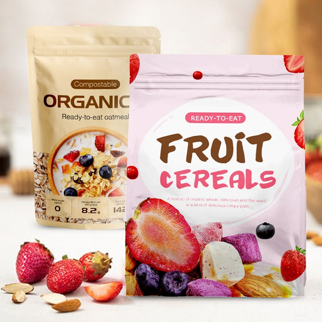 Customized Organic Ziplock Snacks Food Recyclable Brown Resealable Cereal Bags