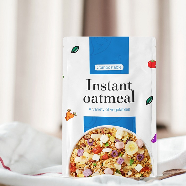 Custom Design High Barrier Box Bottom Resealable Compostable Instant Oatmeal Bag