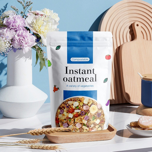 Custom Design High Barrier Box Bottom Resealable Compostable Instant Oatmeal Bag