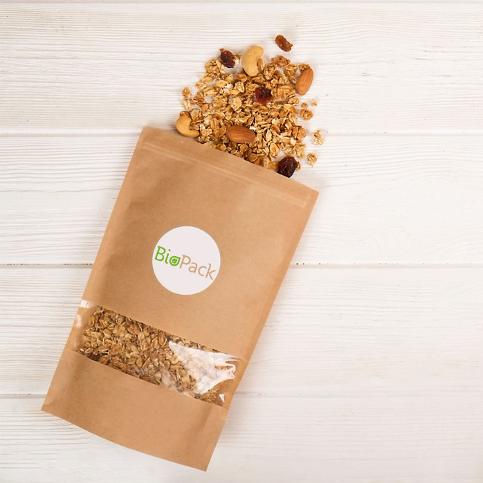 Home Compostable Resealable Kraft Stand Up Pouches with Window for Granola