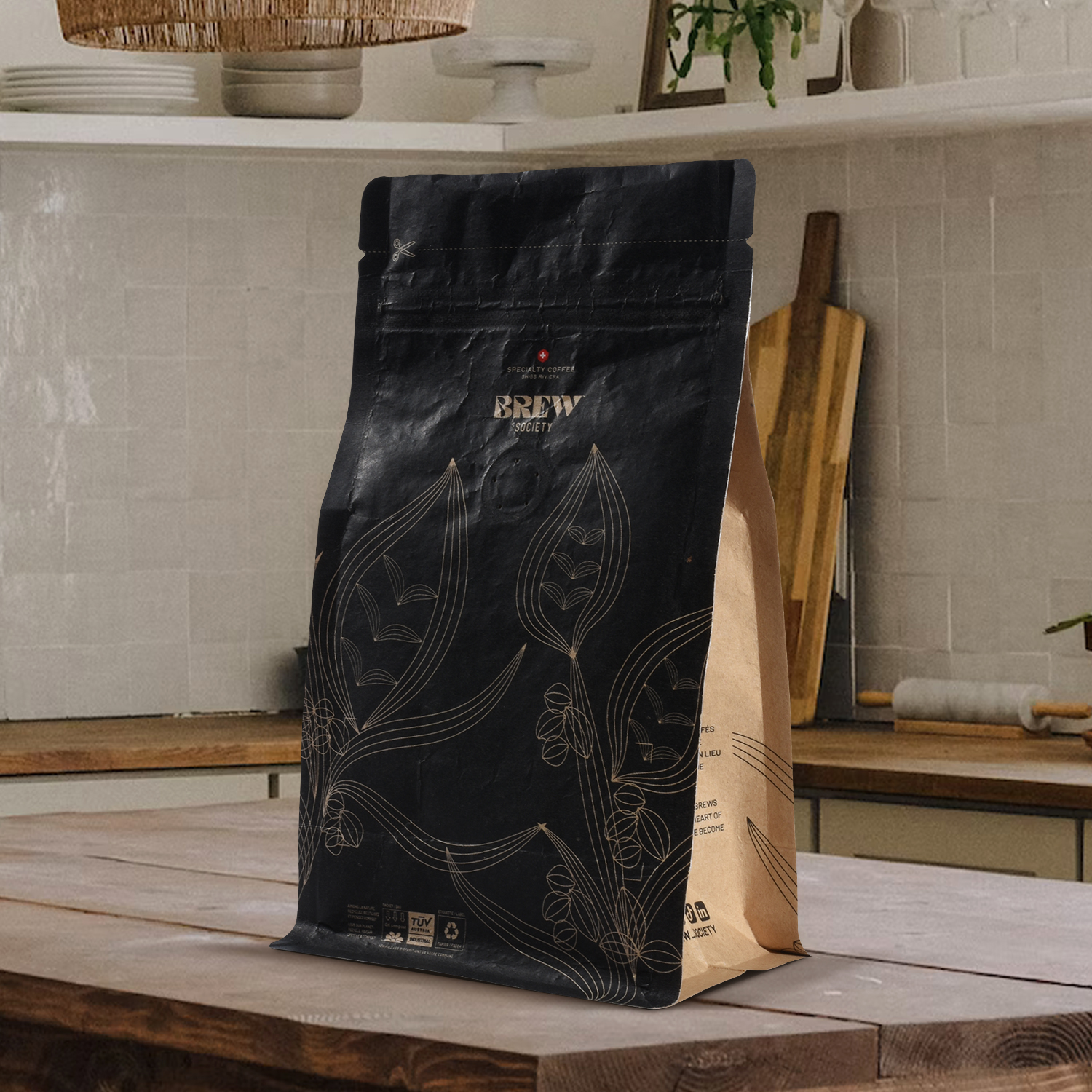 What does the one-way degassing valve of compostable coffee bags do?