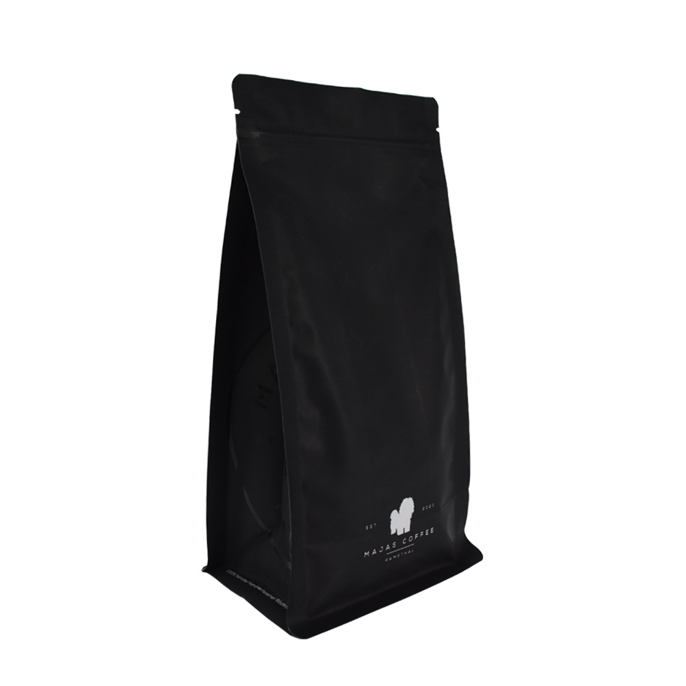 Custom Size Eco Friendly Matte Black Recyclable Flat Bottom Bag for Organic Coffee & Tea