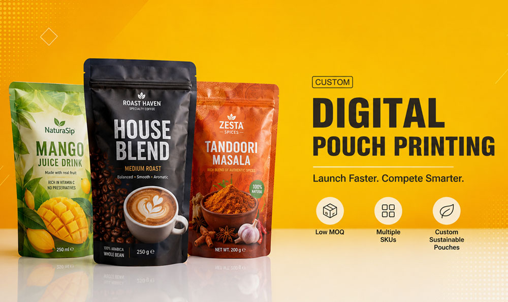 Digital pouch printing for low MOQ sustainable custom food packaging
