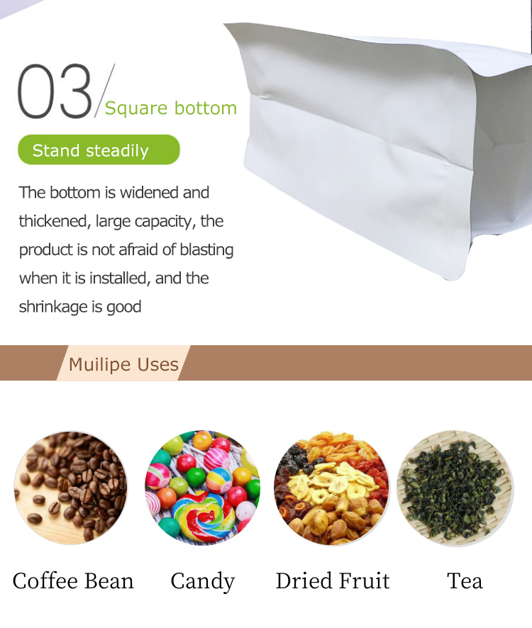100PCS 1kg White Flat Bottom Coffee Bags with Front Zipper