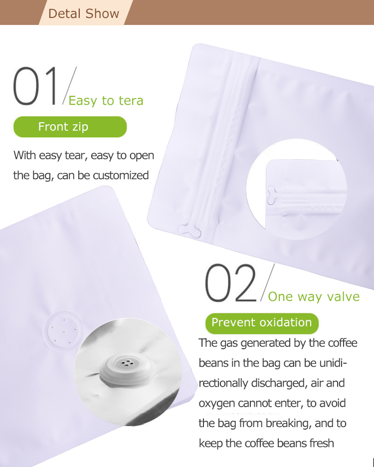 100PCS 1kg White Flat Bottom Coffee Bags with Front Zipper