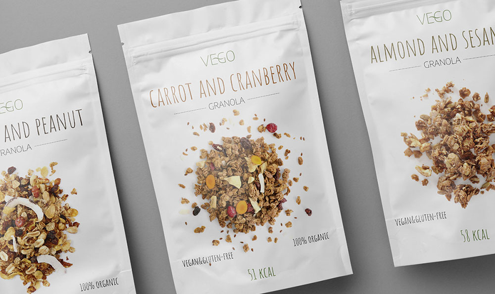 Custom printed stand up pouches and flat bottom bags for snack food packaging