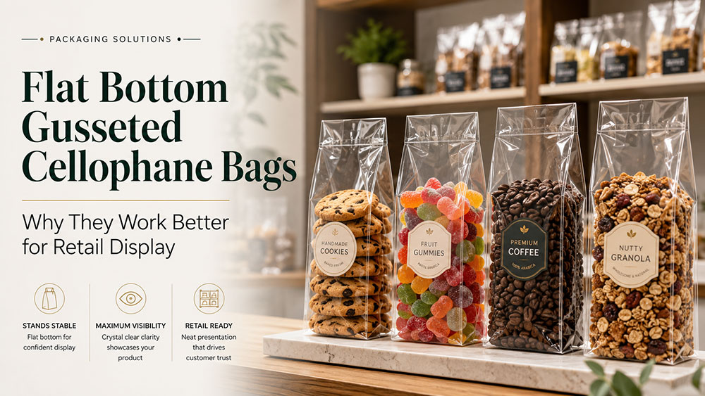flat bottom gusseted cellophane bags for retail display