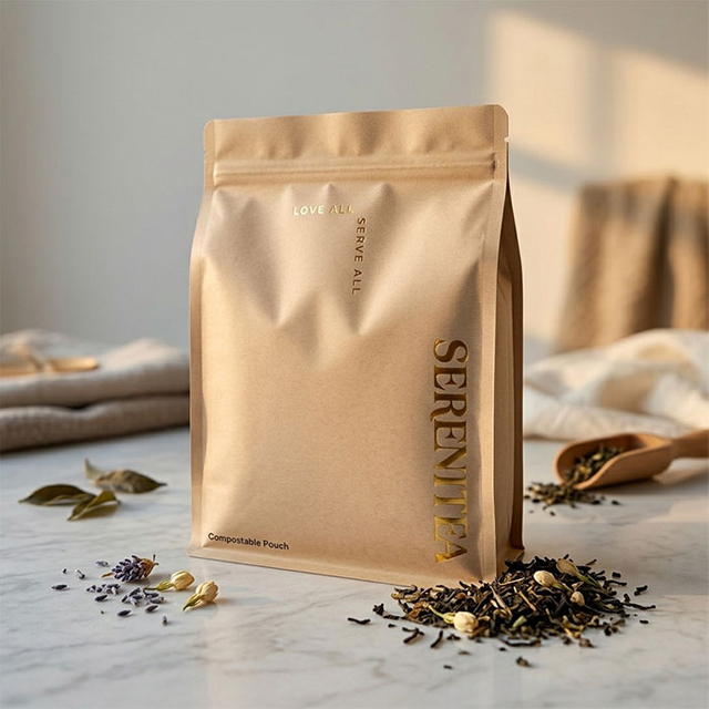 Hot Stamping Logo Printing Compostable Paper Empty Tea Pouch