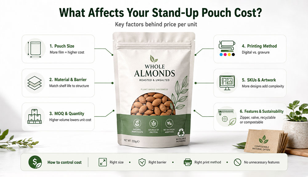 what affects custom printed stand up pouches cost